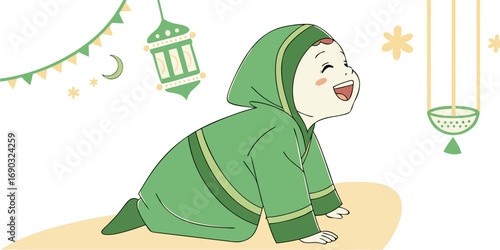 Cute muslim praying cartoon character chibi cartoon animation design