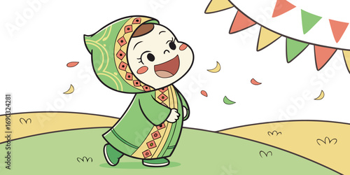 Cute muslim praying cartoon character chibi cartoon animation design