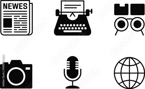 (22)Media & Communication Tools Doodle Set – Black and White Vector Illustrations of News, Journalism, and Global Outreach