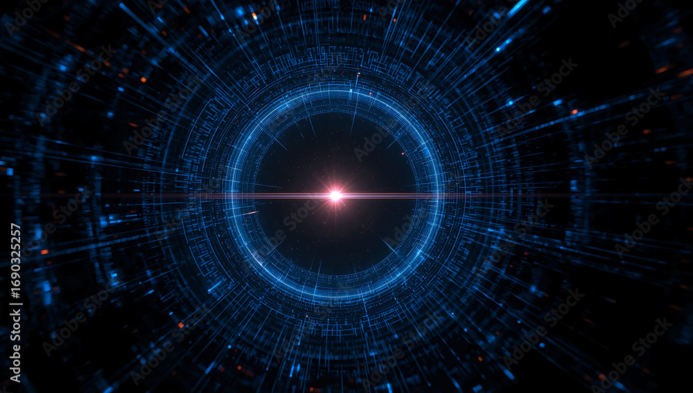 Obraz premium Abstract futuristic digital tunnel with glowing blue circular portal and bright light at the end