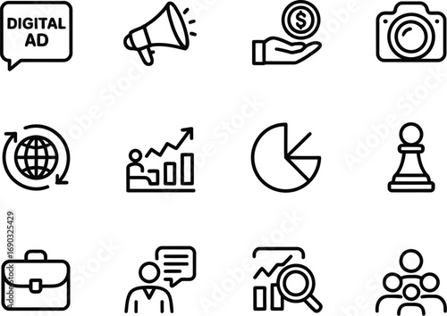 (30) Business & Marketing Strategy Icons Doodle Set – Black and White Vector Illustrations of Growth, Ads, Teamwork, and Analysis