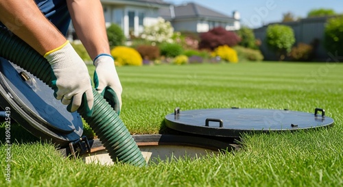 Man removing a drainage hose from an open septic tank cover in a green lawn. Home sewage system maintenance concept for residential properties.