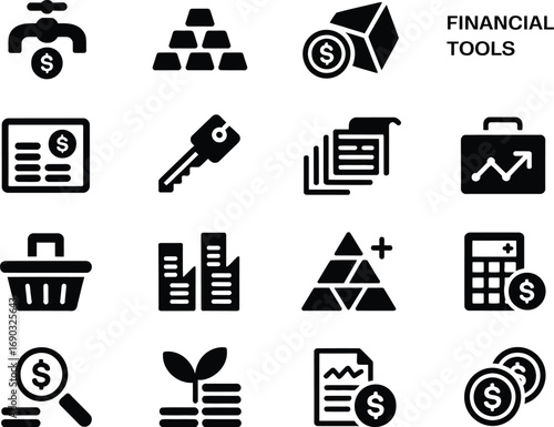 (31)Financial Tools & Investment Icons Doodle Set – Black and White Vector Illustrations of Money, Growth, and Analysis