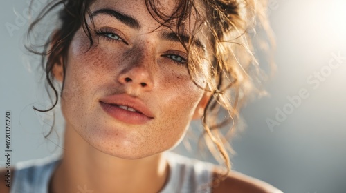 Alluring freckled woman radiating natural beauty in sunlit close-up