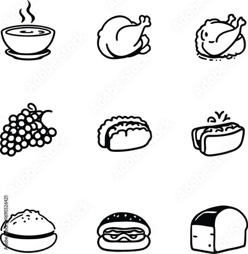 (38)Global Comfort Foods Doodle Set – Black and White Vector Illustrations of Tacos, Soup, Chicken, Burgers, and Bread
