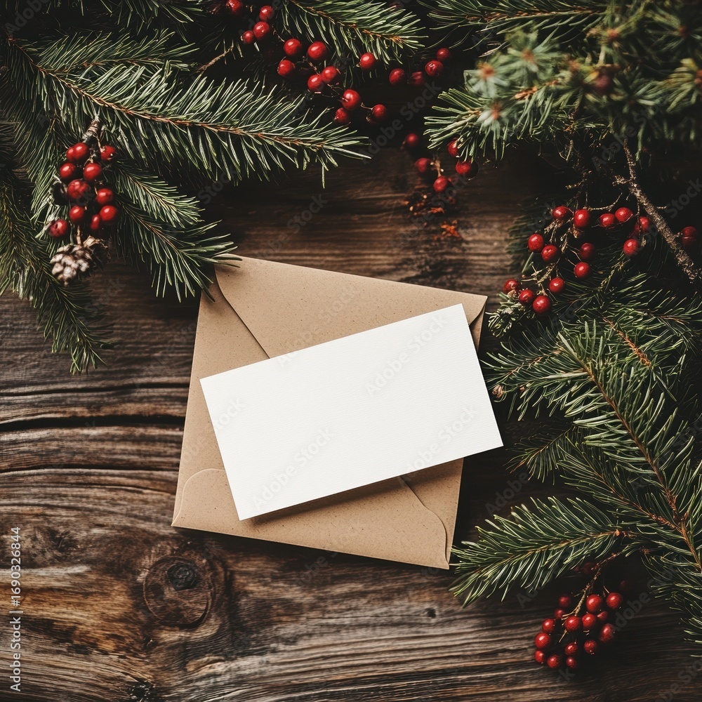 Obraz premium A composition with an upper angle on the New Year's decor: a light paper rectangle and a kraft envelope surrounded by fir branches with red berries.