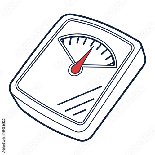 Weight Scale: A detailed outline of a modern weight scale, featuring a prominent analog dial with a red needle indicating the current weight. Capturing the essence of health
