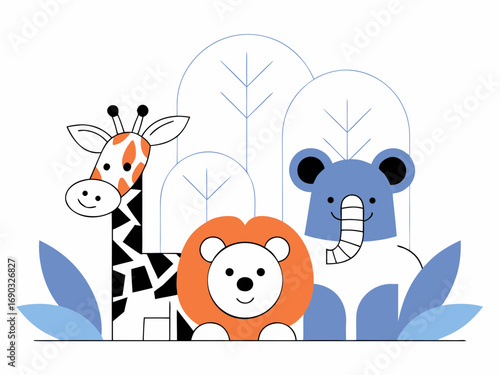 Flat vector illustration of cute jungle animals, minimalist style, clean lines, white background, suitable for Adobe Stock, high resolution”