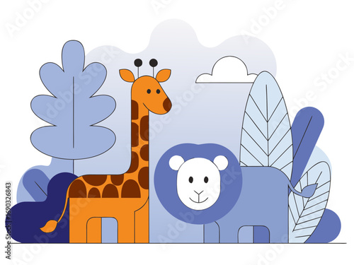 Flat vector illustration of cute jungle animals, minimalist style, clean lines, white background, suitable for Adobe Stock, high resolution”