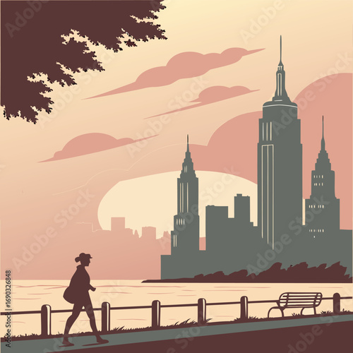 City Silhouette Stroll: A stylish silhouette strolls along a waterside path, the skyline of a grand city looming behind them, evoking a sense of urban exploration and personal journeys.