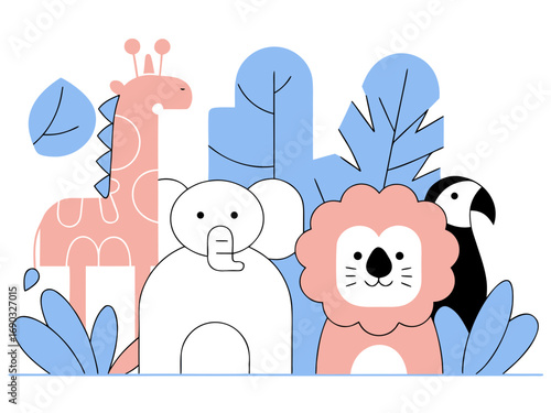 Flat vector illustration of cute jungle animals, minimalist style, clean lines, white background, suitable for Adobe Stock, high resolution”