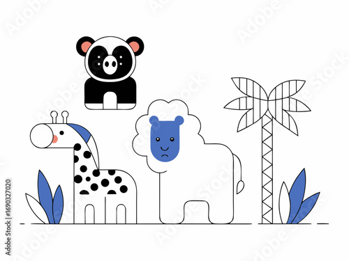 Flat vector illustration of cute jungle animals, minimalist style, clean lines, white background, suitable for Adobe Stock, high resolution”