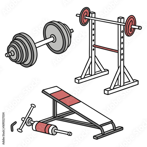 Strength Training Equipment: Depicting a selection of essential gym apparatus – barbell, bench, and rack – meticulously illustrated in a clean, minimalist style for fitness and exercise
