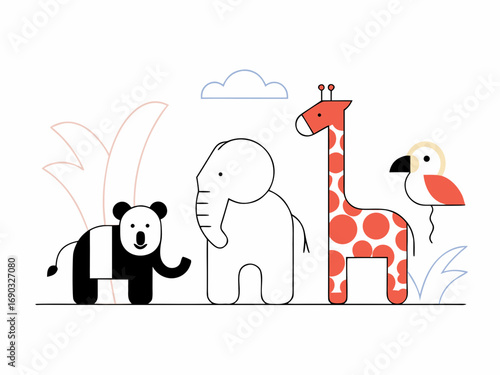 Flat vector illustration of cute jungle animals, minimalist style, clean lines, white background, suitable for Adobe Stock, high resolution”