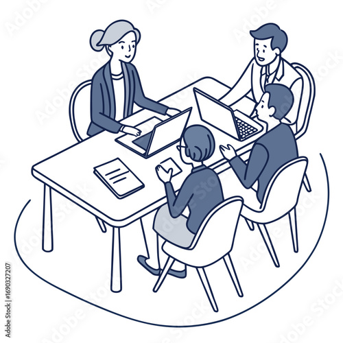 Focused Business Dialogue: A quartet of professionals, engaged in an intense boardroom meeting. Each individual is depicted in a minimalist style.
