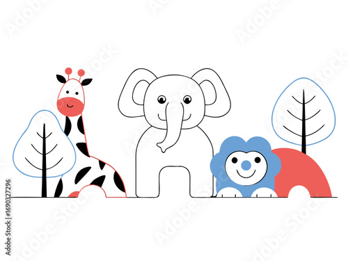 Flat vector illustration of cute jungle animals, minimalist style, clean lines, white background, suitable for Adobe Stock, high resolution”