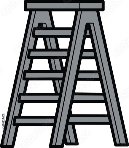 Gray stepladder stands tall against a white backdrop, offering a simple solution for reaching new heights in a minimalist and practical way.