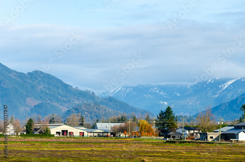 View of rural canada on Highway from Abbotsford to Hope,   BC, Canada with mountains, valleys and farms in the background