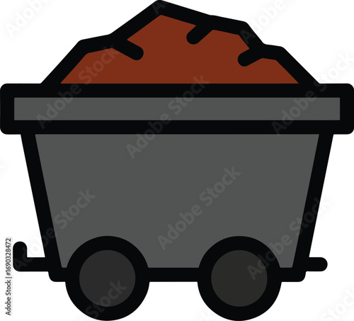 Mine cart filled with soil sitting on tracks, symbolizing industry and resource extraction in a simple, clean style.