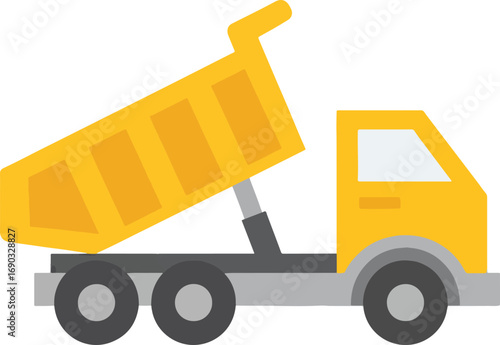 Yellow dump truck lifting its container to unload cargo at a construction site, symbolizing industry and transportation, with a clean, modern aesthetic.