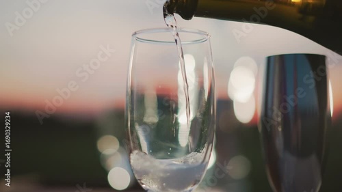 close up of wine being poured into glass under sunset sky with sparkling bokeh lights in background capturing elegant pour motion and shimmering reflections against warm amber horizon glow