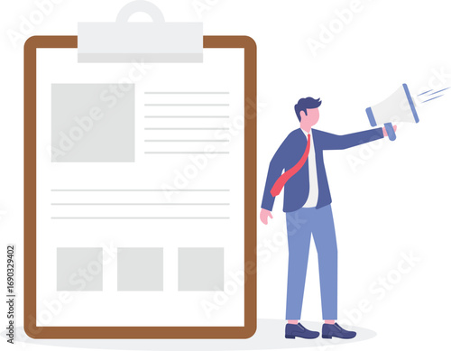 Glossary and newsletter, press web page concept with tiny people. Company latest news vector illustration set.
