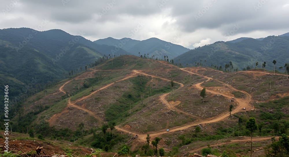Fototapeta premium Winding dirt roads through a hilly mountain landscape.