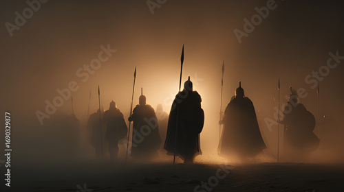 Silhouette of Medieval cavalry, army or soldier clash of clan marching through a hazy, dusty battlefield with dramatic sunrise, sunset background