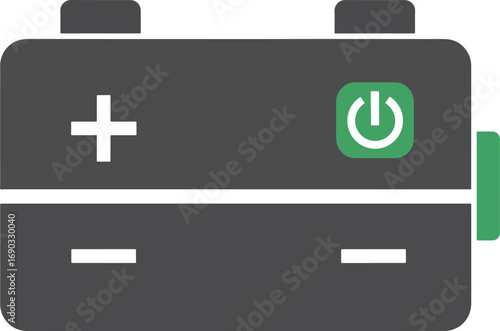 Battery displaying power button and positive and negative terminals represents energy storage and electrical components in a simple, modern style.