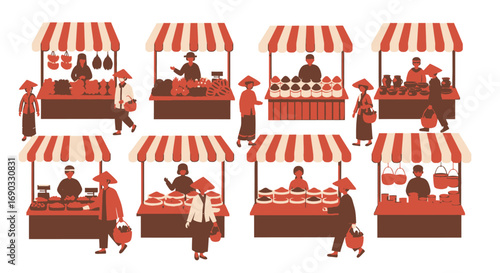 Southeast Asian Market Scene with Vendors and Shoppers Illustration