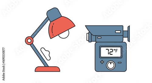 Cartoon Desk Lamp with Red Shade and Blue Thermostat Displaying 72?F