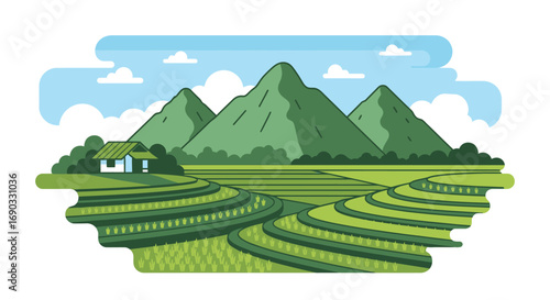 Stylized Rice Terraces Landscape with Mountains and House Illustration