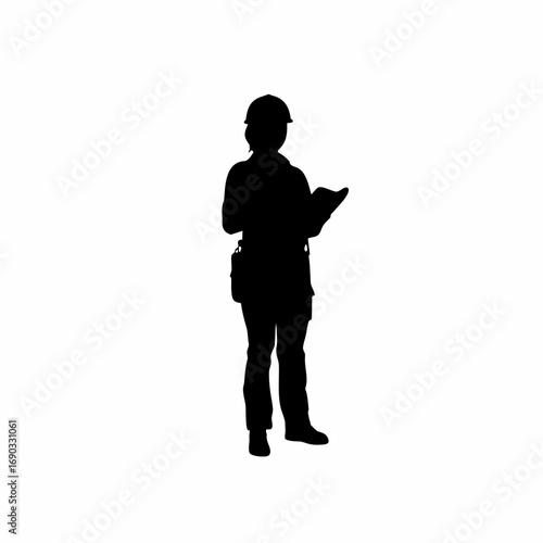 Silhouette of a structural engineer with safety manual at site isolated on white background