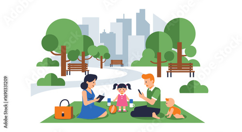 Cartoon family enjoying picnic in park, reading, playing, and using phone