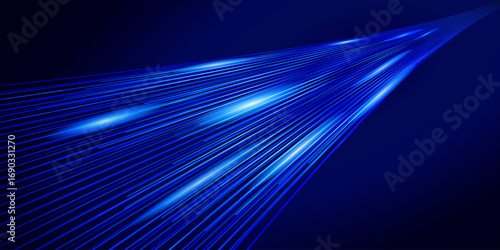 Abstract digital perspective with glowing blue light speed lines representing data transfer, high speed internet, and futuristic technology on a dark background.