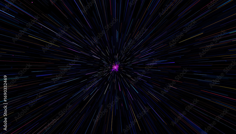 Fototapeta premium Abstract dark purple cosmic nebula with glowing particles and light streaks creating a sense of deep space exploration