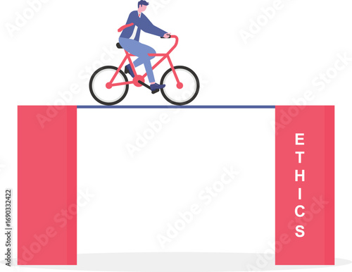 Businessman walking tightrope between labeled Profit and Ethics concept balancing financial gains with moral considerations

