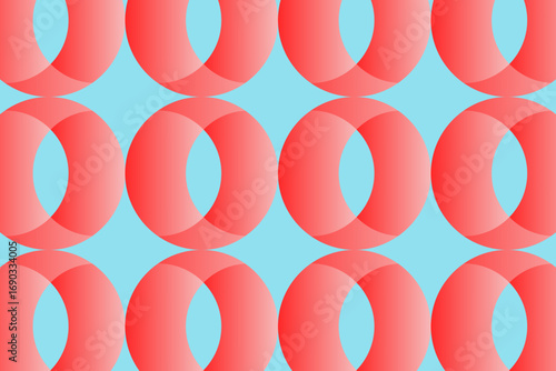Geometric pattern with red-orange overlapping rings on a light blue background. The rings