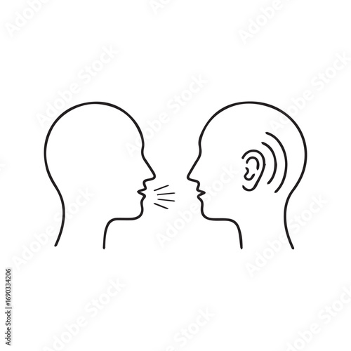 Verbal Communication Icon, Person Speaking and Listening, Mouth to Ear Line Art Symbol.
