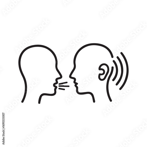 Verbal Communication Icon, Person Speaking and Listening, Mouth to Ear Line Art Symbol.
