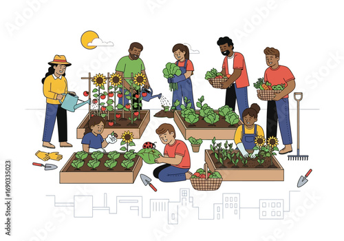 Group of people joyfully gardening vegetables together under the sun. Perfect for gardening, community, sustainability, outdoors, happiness, and teamwork concepts.