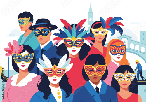 People in vibrant masks celebrate venices carnival, showcasing venetian cultural traditions. Ideal for travel blogs, cultural websites, and event promotions.