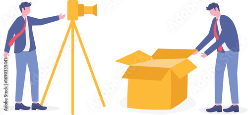 Technical review, car review video, unboxing video concept with tiny people.
