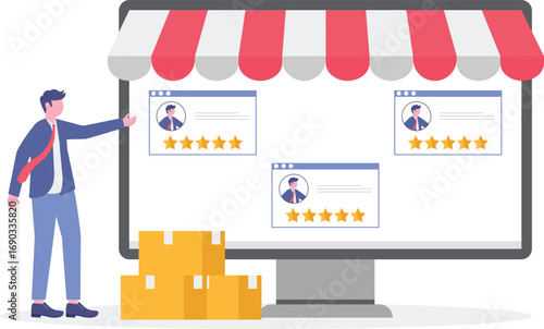 Seller reputation system, sales promotion, rebate program concept with tiny people

