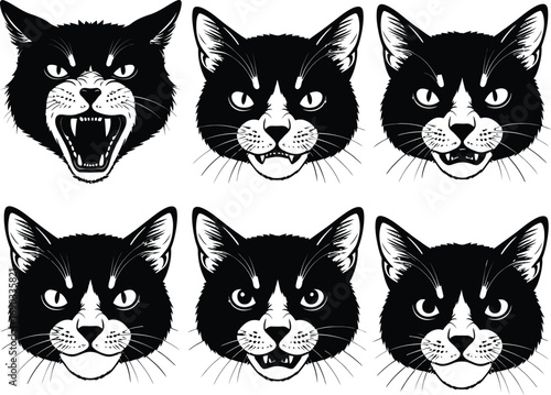(101)Cat Expressions Doodle Set – Black and White Vector Illustrations of Feline Faces Showing Emotions from Calm to Fierce