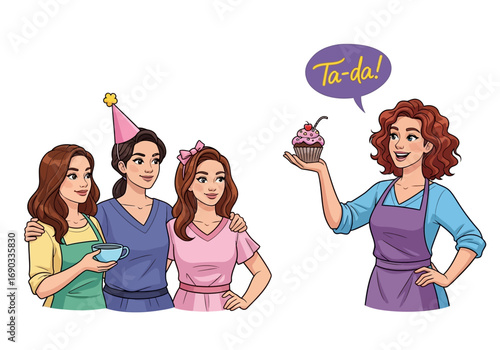 Group of four women celebrating together candidly, holding a cupcake, and smiling happily. Ideal for joyous party or celebration concept.