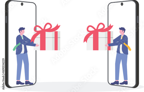 Gift-opening party, sharing gifts online, greeting cards concept with tiny people.

