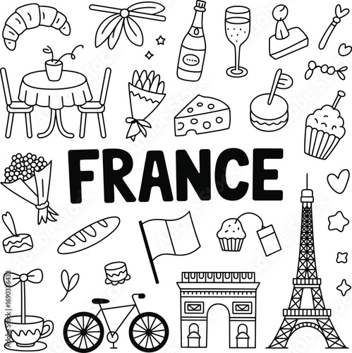(105)France Culture Doodle Set – Black and White Vector Illustrations of Landmarks, Cuisine, Fashion, and Parisian Lifestyle