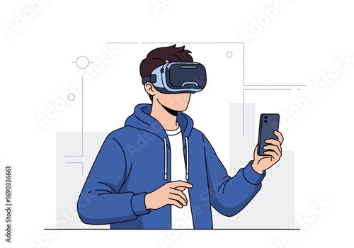 Person in vr headset holding a smartphone, perfect for technology concepts and virtual reality related projects.  