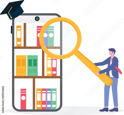 Online courses, E-library, global online education concept with tiny people.

